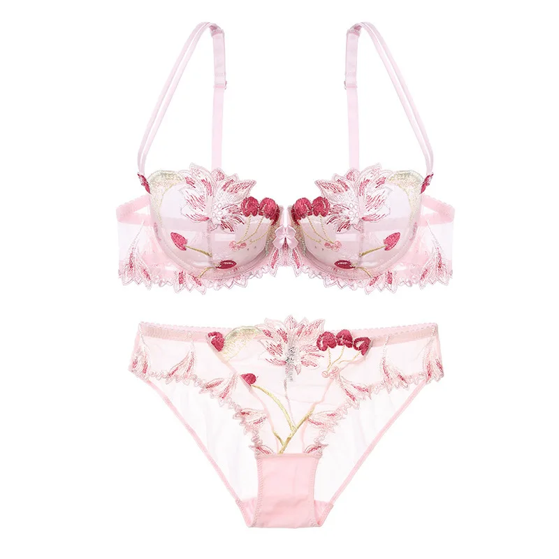 

lingerie set sexy lace bra Gorgeous sweet Cherry embroidery transparent mesh underwear push up bra and panty set gorge bralette
