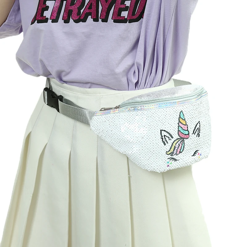 Мультяшная сумка на пояс для девочек,, блестящая женская сумка на пояс с блестками, повседневная сумка с принтом единорога, сумка на грудь, сумки на плечо