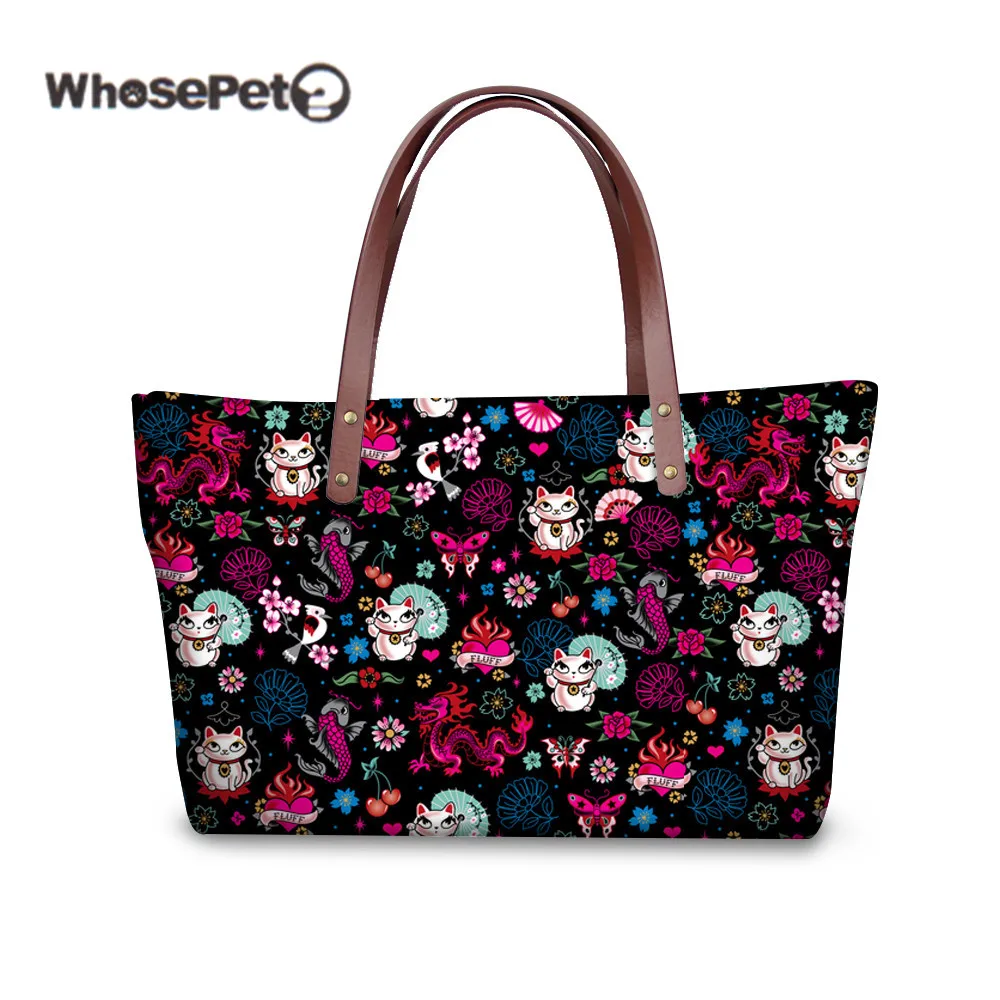 

WHOSEPET 2018 Women Tote Handbag Lucky Cat Printed Female Shoulder Bags Lady High Quality Beach Handbags Fashion Bolsa Feminina