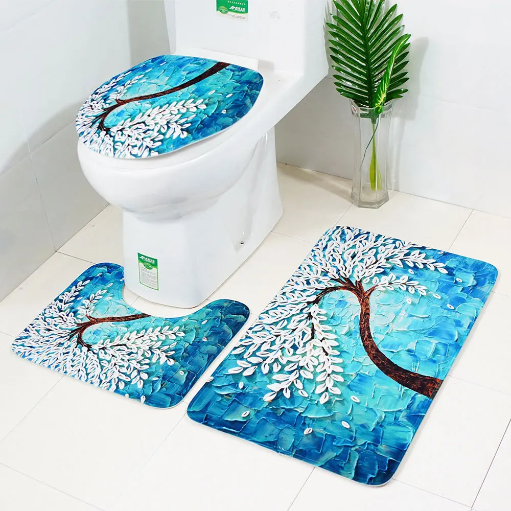 

3Pcs/set Print Happiness Tree Bathroom Non-Slip Pedestal Rug Lid Toilet Cover Bath Mat Set 2018 Bathroom Set Carpet Bath Mats