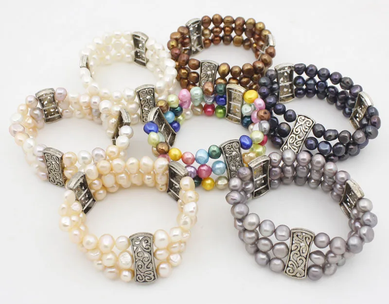 

8mm-9mm Real Pearl Bracelet stone Handmade Stretch 7.5" Beauty Multi Color