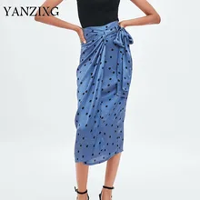 Для женщин шик в горошек синий Обёрточная бумага юбки галстуком-бабочкой пояса Разделение женский Повседневное прямо до середины икры юбки Faldas Mujer Для женщин s A987