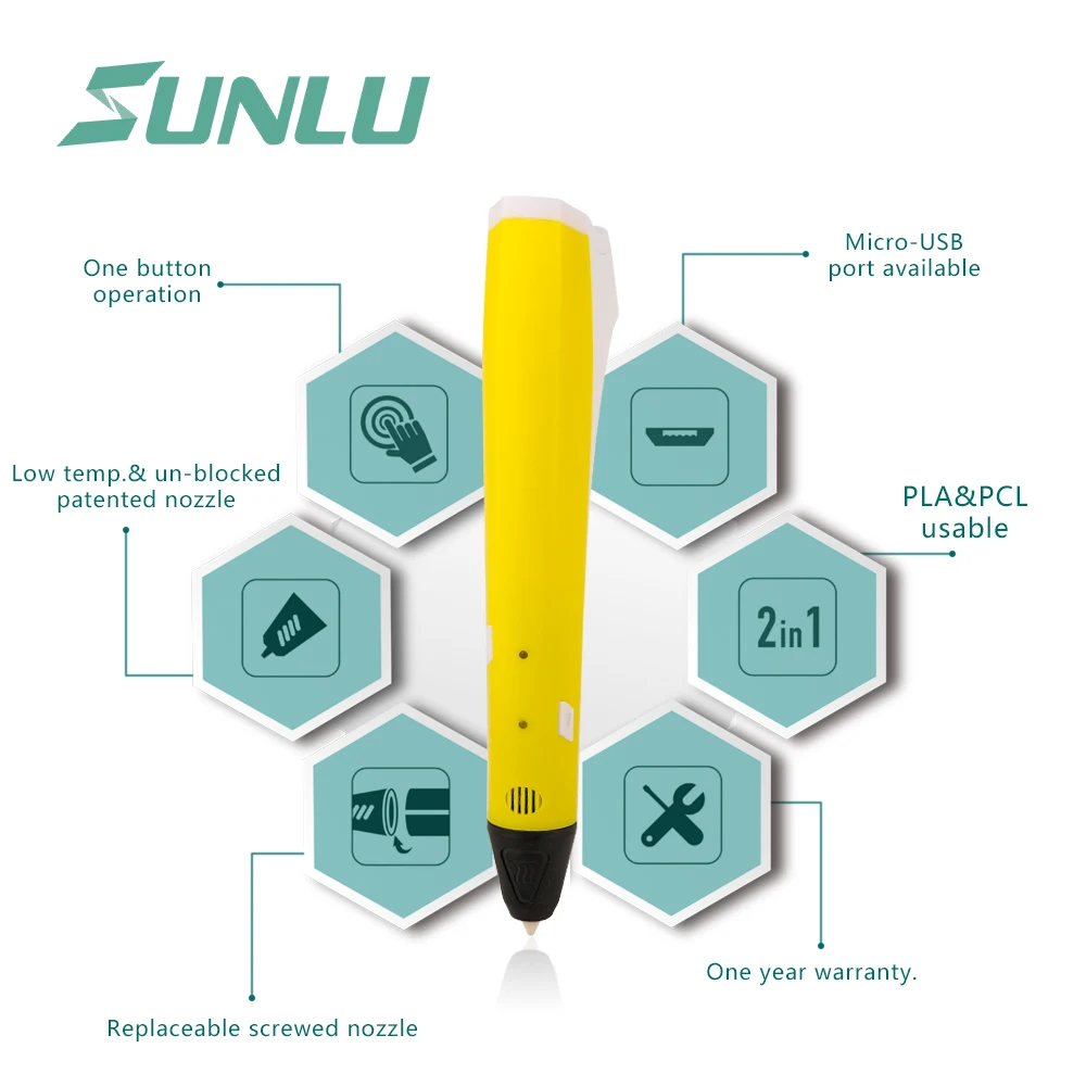 SUNLU M1 3D Ручка с 100~ 240 В 2A PLA PCL нити 3D ручки с 2 петлями 5 метров PLA нити Crazy 3D Ручка желтый