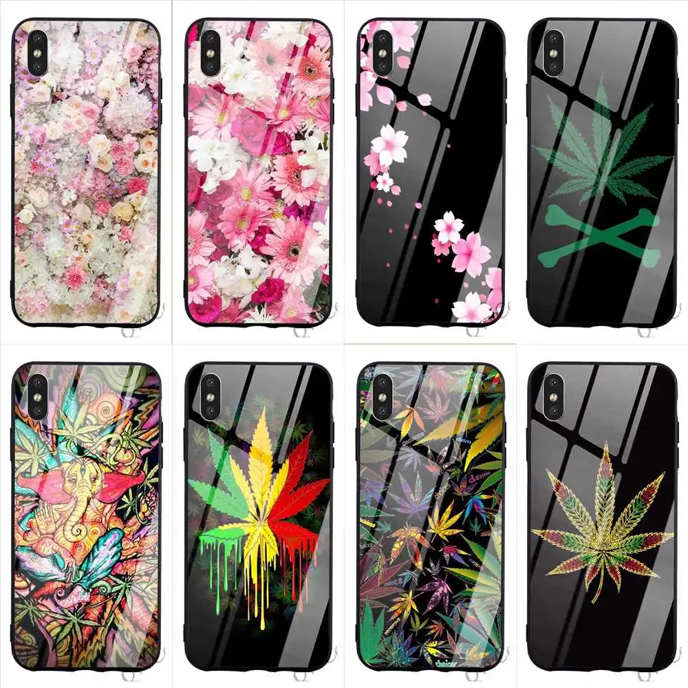 

Slim Weed Leaf Tempered Glass Phone Cover for iPhone 8 Case 7 Plus Xs Max XR X 6 6S 5S 5 SE Back