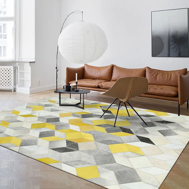American style cowhide yellow geometric patch work rug, big size cow
