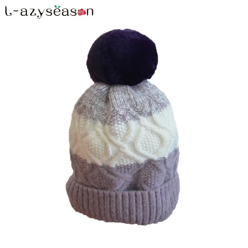 Новая зимняя женская шапка теплая вязаная skullies Лыжная с помпонами из кроличьего