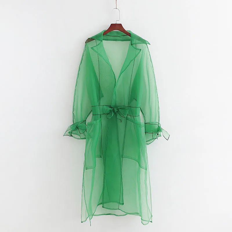 

Chic Women Green Organza Trench Coat Streetwear 2019 Autumn Ladies Long Style Transparent Trench Summer Sunscreen Outwear