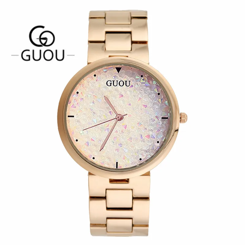 

GUOU Women Quartz Watch Rhinestone Dial Gold Plated Stainless Steel Bracelet Micro Pave Zirconia Ladies Wristwatches Waterproof