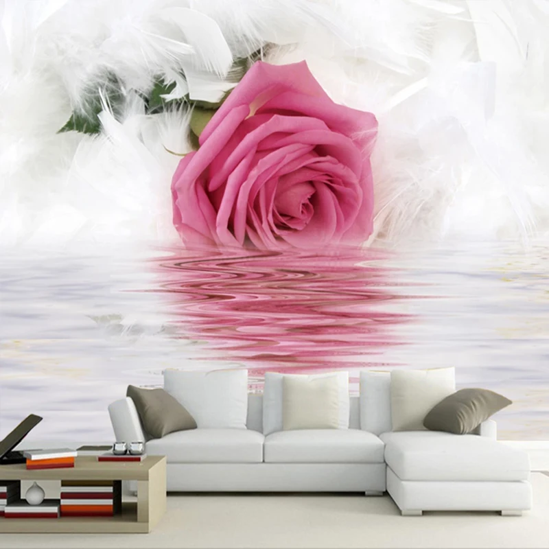 Романтическая роза перо отражение на воде фото обои Современное искусство Дизайн интерьера Декор фрески 3D красивые цветы обои