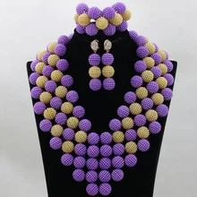 Luxury Purple&Gold Chunky Costume Statement Necklace Set Plastic Resin Balls Wedding Jewelry Set for Women Free Shipping QW448