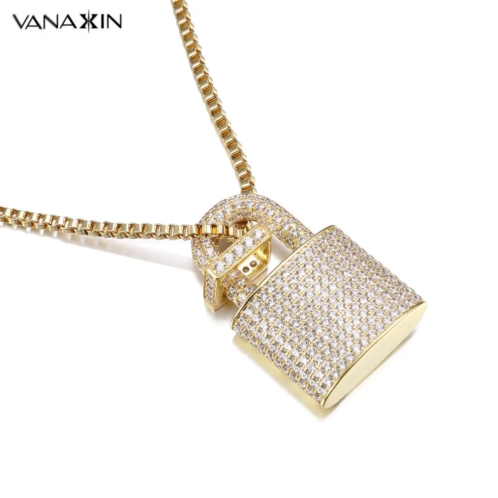 Achat VANAXIN Micro pavé cristal serrure pendentif collier femmes hommes argent or couleur bijoux fins Hiphop haute qualité CZ cadeau de noël