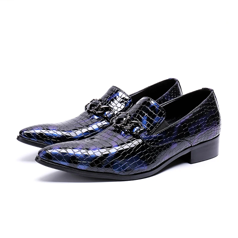 Chaussures Chunky Mâle Hiver Cuir Slip 2018 Pointu As Motif Boucle Nouveau Show Bout Cristal Sur Talon Chaîne Bleu Robe Pierre En Hommes wXO0PkN8n