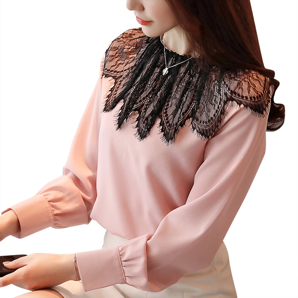 

Women Chiffon Shirt Fashion Women's Blouse Solid Color Lace Stitching Women Shirts Long Sleeve Blouse