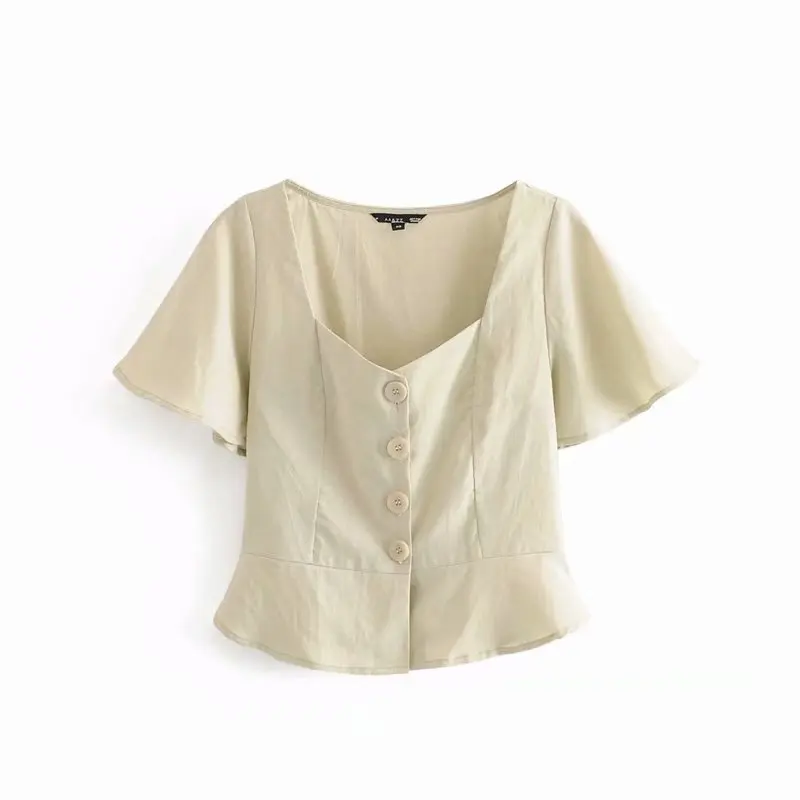 

2019 new women simple butterfly sleeve buttons linen blouse shirts women solid color retro femininas blusas chic tops LS3807