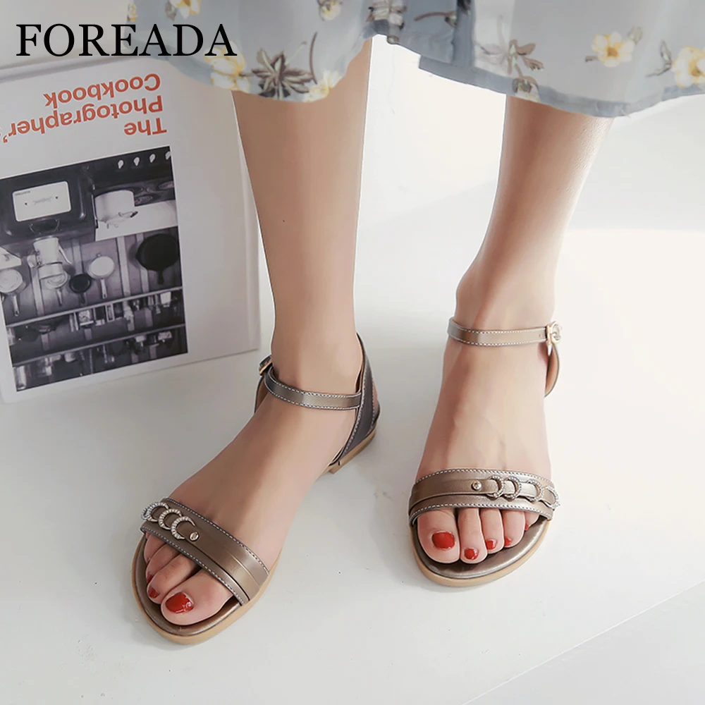 

FOREADA Summer Sandals Women Shoes Natural Genuine Leather Crystal Flat Shoes Buckle Open Toe Sandals Lady Beige Plus Size 33-46