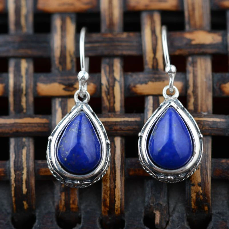925 Sterling Silver Natural Lapis Lazuli Drop French Earrings