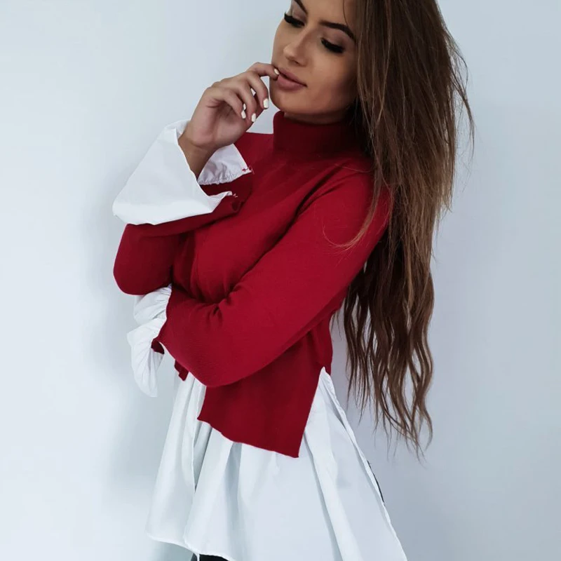 

2019 New Casual Summer Patchwork Casual T Shirt Ruffles High-neck Long-sleeved T-shirt Irregular Top Female T-shirt Women Tops