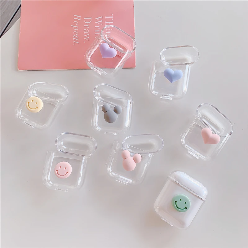 3D Cute Cartoon Airpod Case Cover Smile Heart Clear Hard PC Earphone Protective Cases Airpods 2 Case Transparent Airpods 1 Coque