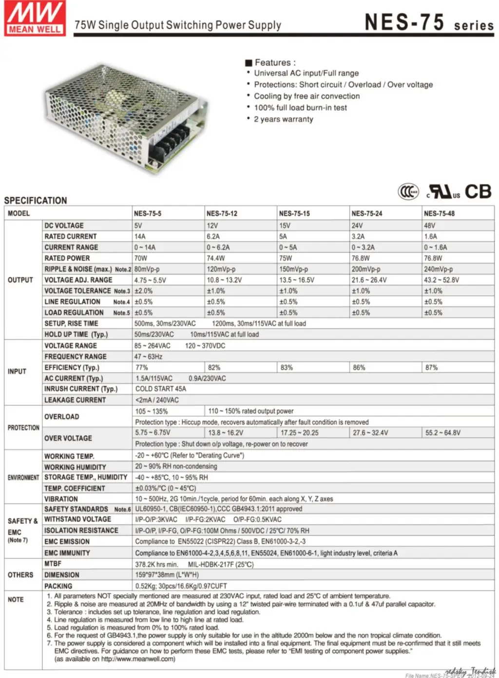 3,28) Meanwell 75W источник питания LRS-75-24V 5V 12V 15V 36V 48V 1,6/2,1/3.2A 5/6/14A DC дисплей светодиодный светильник монитор полосы NES/RS/EDR