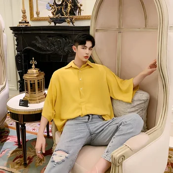 

Men Half Sleeve Thin Loose Casual Solid Pullovers Shirt Male Streetwear Fashion Party Shirt Stage Show Clothing