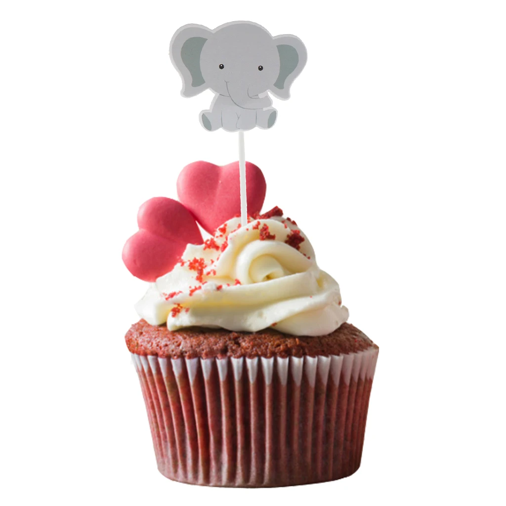24Pca Elephant Shaped Stick Cake Topper Party Birthday Dessert Decor Supplies Grey
