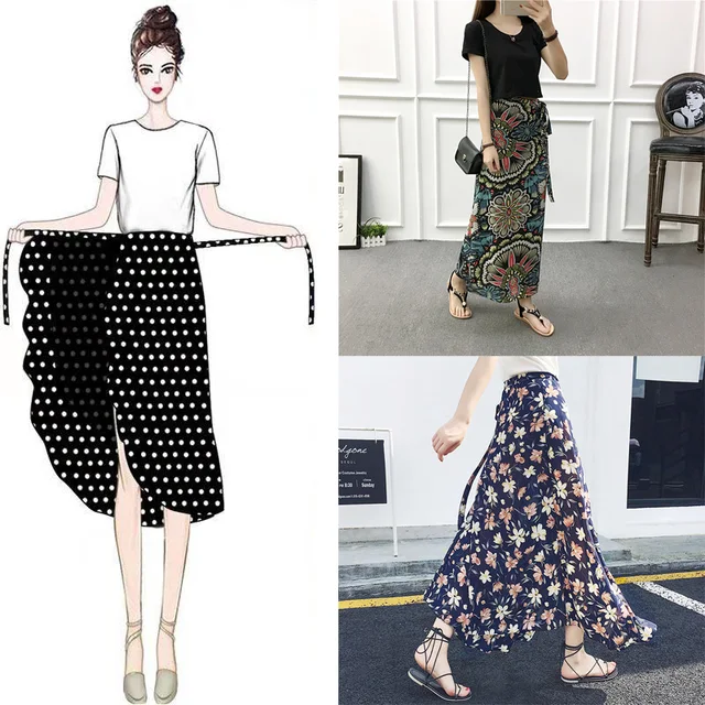 US $8.63 New one-piece skirt women summer chiffon wrap skirt long floral beach skirt