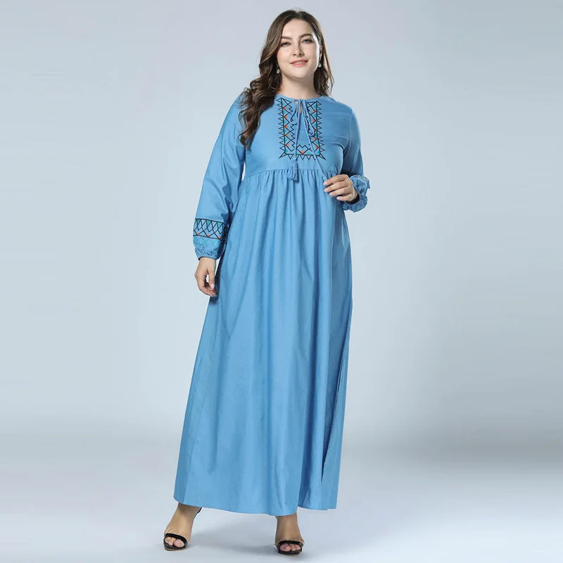 2018 Для женщин осенние джинсовые платья модные Абаи мусульманская одежда из Дубая шею вышивка Восточный халат Мусульманские платья Синий