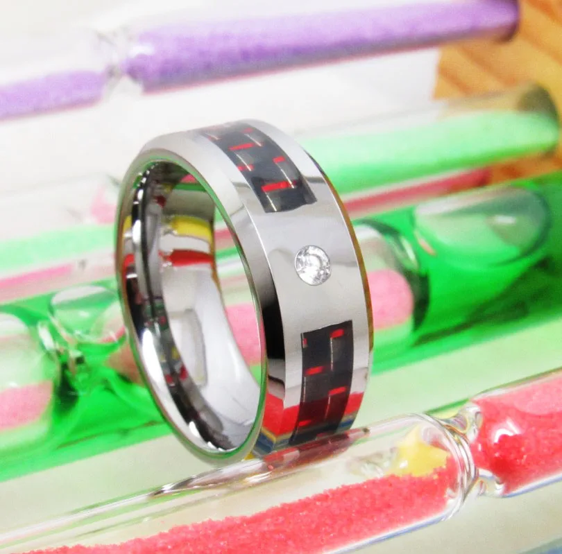 Кольцо из карбида вольфрама с черным и красное углеродное волокно и CZ инкрустация модное обручальное кольцо