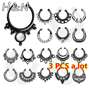 3 PCS 2016 new Black Fake septum Piercing nose ring Hoop nose For Women faux clip Rings clicker non Body Jewelry