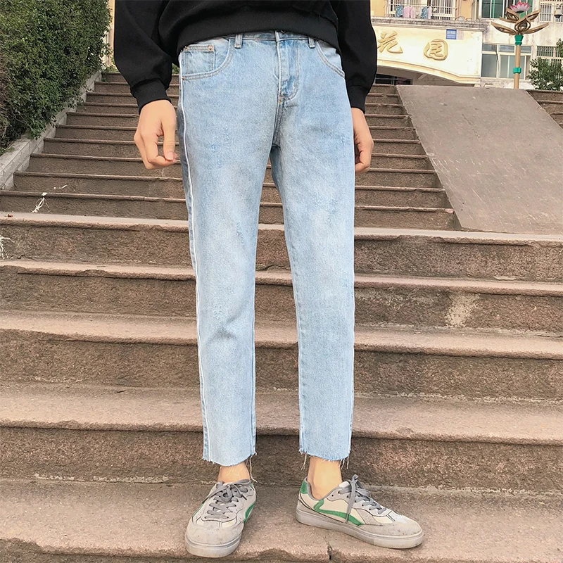 

2019 Man's Spring Summer Newest Fashion Solid Color Nine Part Jeans Bound Feet Pants Tide Casual Straight Trousers Bule 28/32