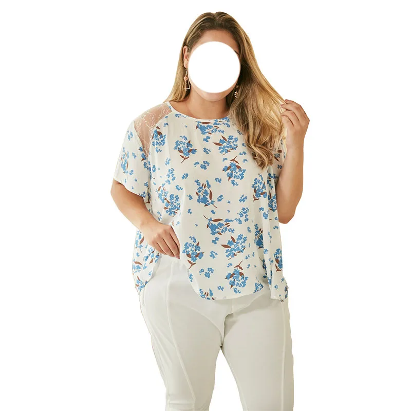 

Sexy Lace Mesh T-Shirt Patchwork Women Casual Tops Ladies printing Loose Tops Large Size
