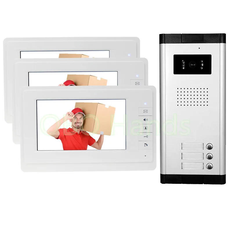 Free Fast Shipping 7'' Wired Color Video Door Phone Video Doorbell Intercom System Kit set 3 monitors+1 IR camera with 3 buttons цена Free Fast Shipping 7'' Wired Color Video Door Phone Video Doorbell Intercom System Kit set 3 monitors+1 IR camera with 3 buttons цены онлайн