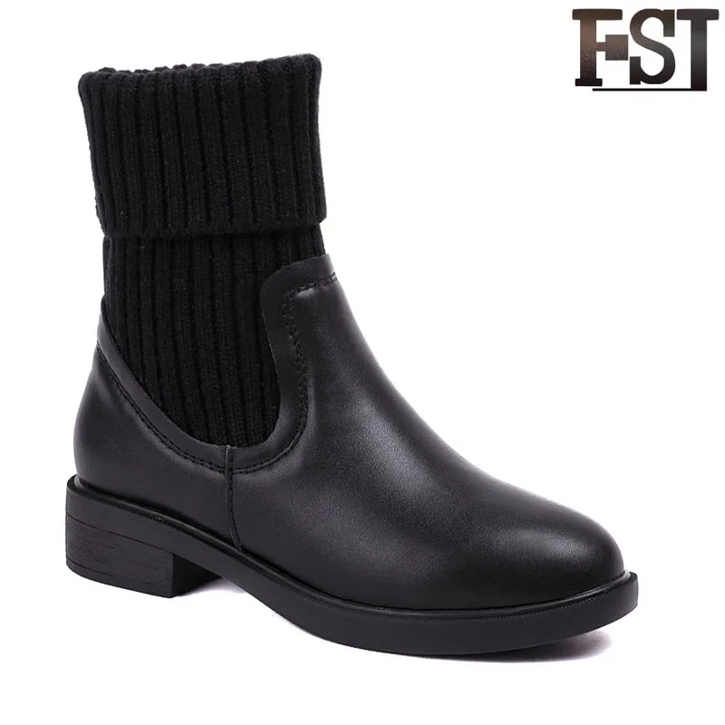 

FSJ Fashion Black Knit High Top Round Toe Genuine Letaher Block Mid Heels Booties Autumn Spring Women Ankle Boots Dress Shoes