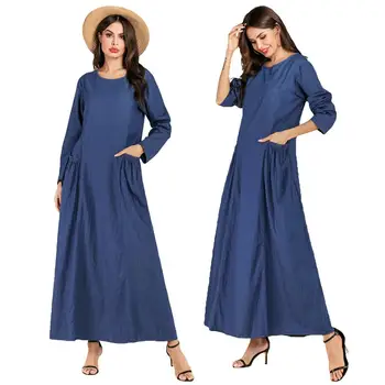 

Fashion Muslim Women Casual Long Maxi Dress Abaya Denim Loose Kaftan Robe Gown Arab Middle East Long Dress Islamic Clothing New