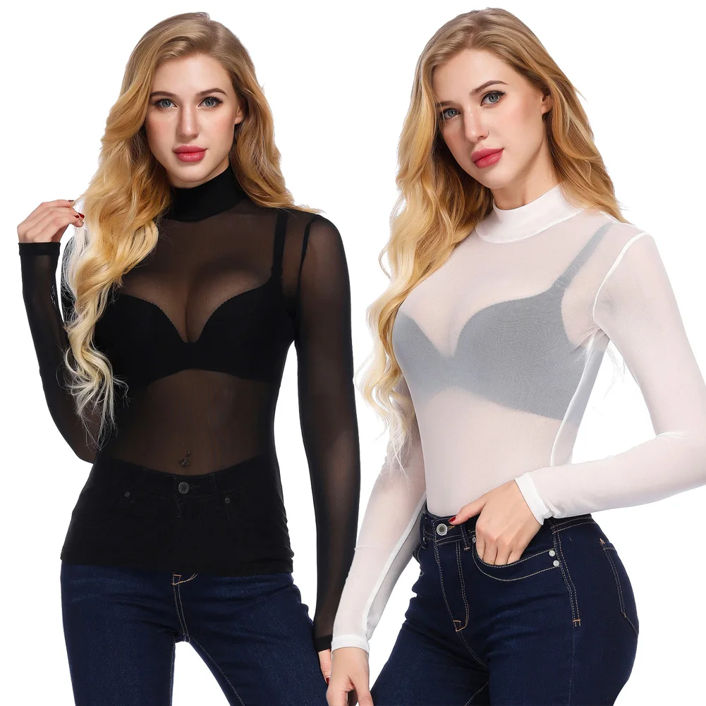 Kate Kasin Transparent Top Shirt Women Long Sleeve Sheer See-Through Sexy Ladies Mesh Turtleneck T-Shirt Clubwear | Женская одежда
