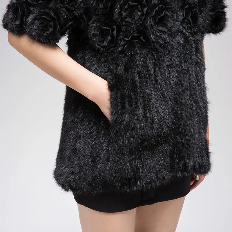 Real Mink knitting fur coat woman Winter warm knittin coat fox fur collar Fashion Slim Fit Garment Large size L-4XL with flowers