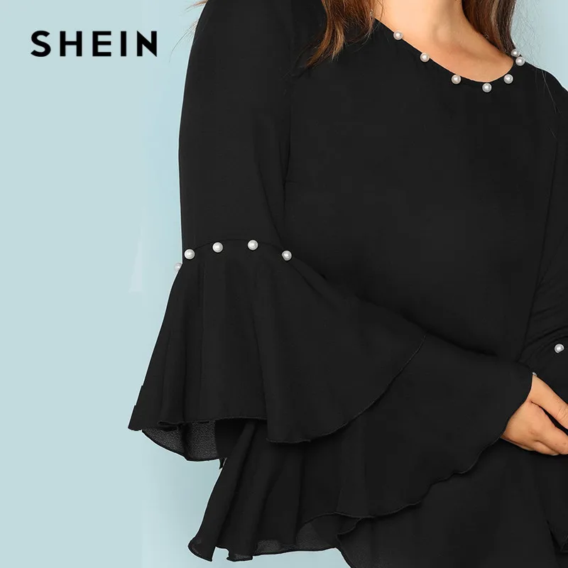 SHEIN, украшенный жемчугом, многослойный рукав с рюшами размера плюс, женская черная блузка,, модный топ с круглым вырезом, украшенный бисером