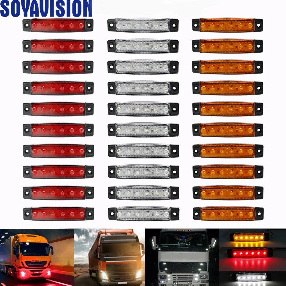 30PCS 6LED 12V Truck Trailer Side Marker Indicators Lamp Light White+Amber+Red