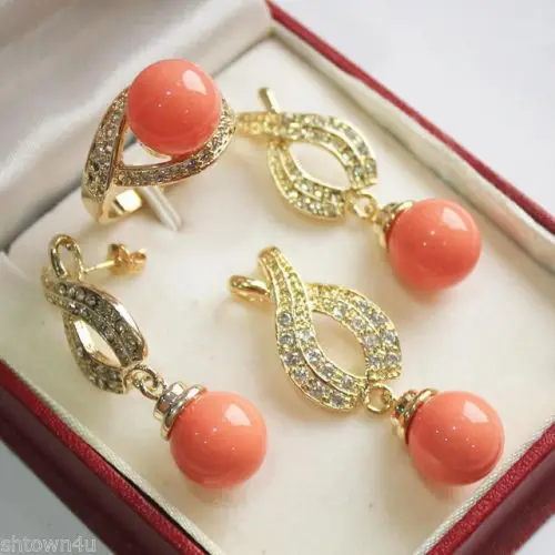 

12mm Pink Shell Pearl Pendant Necklace Earrings Ring Set AAA style Fine Noble real Natural free shipping