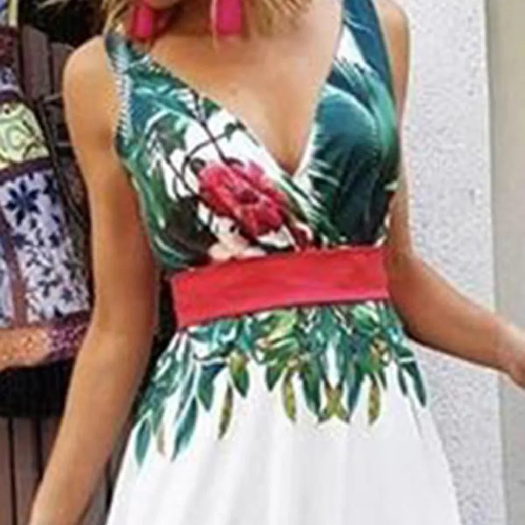 Летние женские модные платья макси с v-образным вырезом без рукавов с богемным принтом на талии
