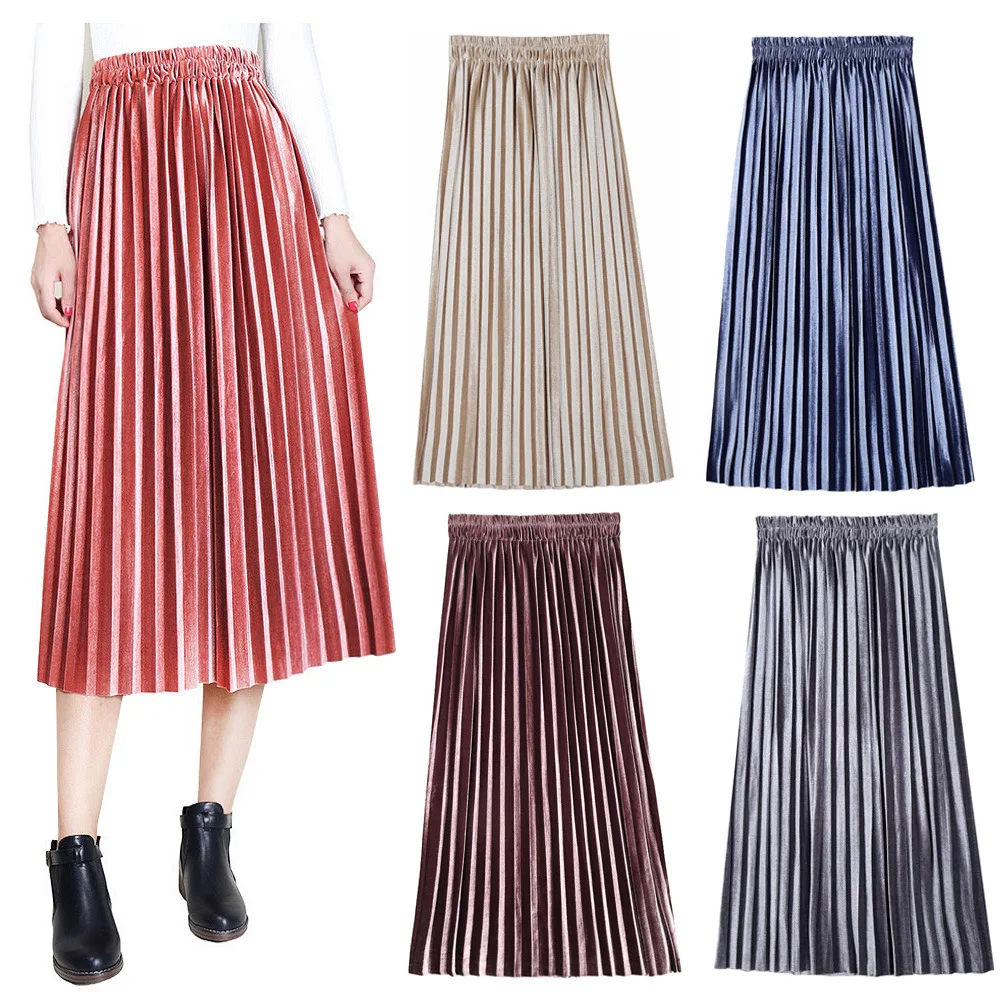 Women Skirts Fashion Europe Female Pleated Skirt Autumn Winter Velvet Midi Skirt Elastic Waist Casual Solid Color skirt