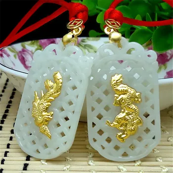 

3D gold inlaid natural jade dragon and phoenix pendant h26#