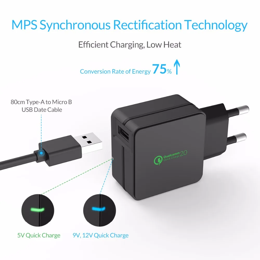 ORICO QCW-1U Быстрая зарядка 2,0 Быстрая зарядка для мобильных телефонов USB зарядное устройство для samsung S5 S6 LG с 80 см Micro USB кабелем