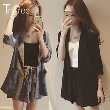 

Trytree Spring summer Women two piece set Casual tops + shorts plus size plaid Top Female Office Suit Set Women's 2 Piece Set