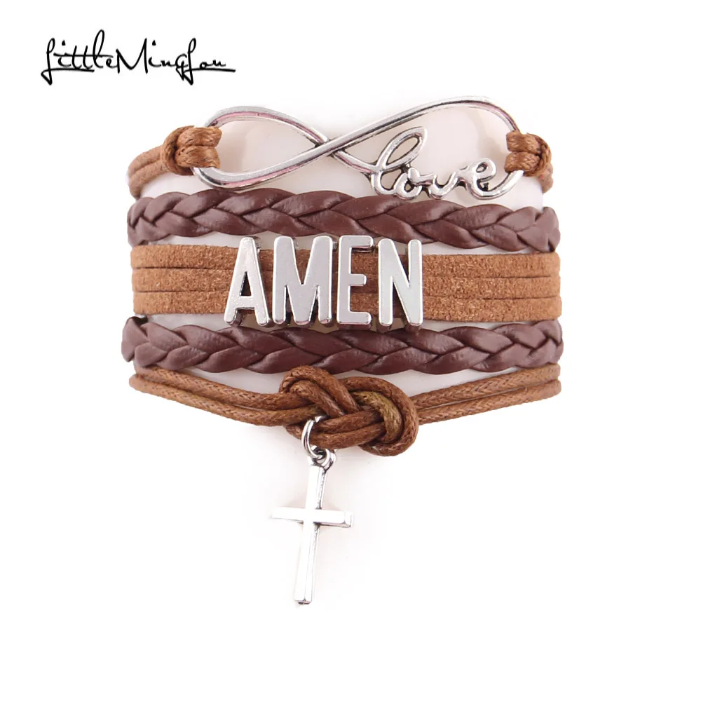 

Little Minglou Infinity Love Amen bracelet jesus cross charm religious faith leather men bracelets & bangles for women jewelry