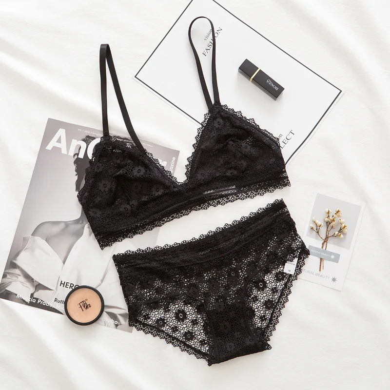 

New Arrival Ladies Sexy Bra Set Lace Translucent Intimates Wireless Unlined Bralette Floral Bra High Waist Pantie Comfortable