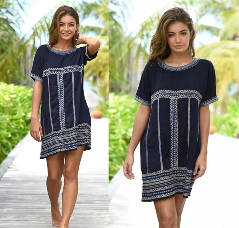 

Swimsuit Cover Up Beach Dress Summer Dresses Cover-Ups Woman For New Cotton Embroidered Skirt Tibetans Shirt Striped Acetate
