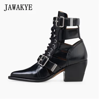 

New Cut Outs Buckle Ankle Boots for Women Chunky High heels Point toe Martin Shoes Women Leather Gladiator Short bota feminina
