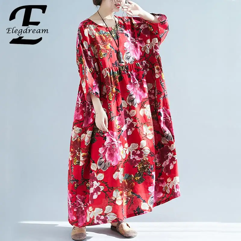 Elegdream Brand Oversized Maxi Long Dress Plus Size Women Flower Print Casual Cotton Linen Bohemian Dresses Female Tunic Vestido | Женская