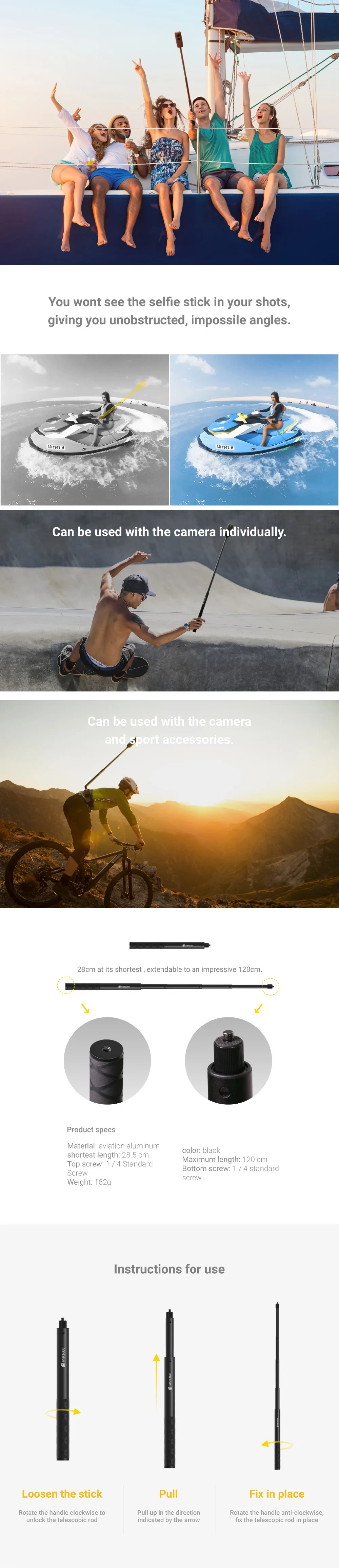 Original Insta360 Invisible Selfie Stick 120cm Max Length extend Pole For Insta360 ONE X And ONE 360 Degree VR Camera